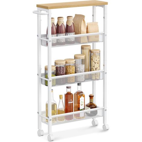 Desserte 4 Niveaux, Étagère de Cuisine Fin avec roulettes, Cadre en Acier, Poignée, Petit Espace, 13 x 45,4 x 77 cm, Salle de Bain, Salon, Bureau, Beige Chêne et Blanc LRC032W09 (1/5)