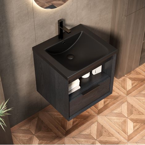 Mobile lavabo sospeso 51,5x47x48 cm in legno nero con vano contenitore FloraGrace (1/5)