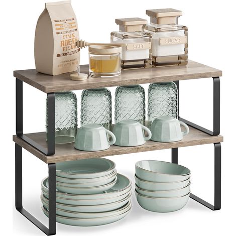 Étagère à Épices, Lot de 2, Organisateur de Placard, Étagère de Rangement de Cuisine Extensible, Porte-épices Empilable, en Métal, Bois d’Ingénierie, Noir d'Encre et Grège KCS200X02 (1/5)