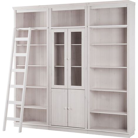 AnitaBibliothèque avec rangement et échelle en pin laqué blanc (1/5)