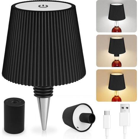 (Noir)Lampe Bouteille LED Rechargeable, 3 Modes De Température De Couleur Réglables, Tactile, Protection IP54, Lampe De Table Rechargeable USB Sans Fil, Pour Restaurant, Chambre, Jardin, Bar (1/5)