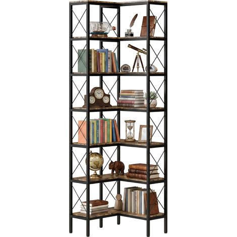 Bibliothèque d'angle - HOMCOM - étagère 6 niveaux - forme de L - métal et bois - 60x60x200cm - brun rustique