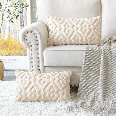 2 Pieces Doux Peluche Laine Courte Velours Décoratif Housses de Coussin Luxe Style pour Canapé Chambre - Modernes Forme de Diamant Beige, 30 x 50 cm (1/5)