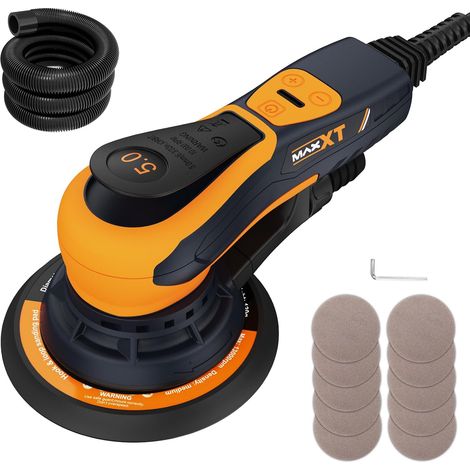 Ponceuse electrique sans balais de 150 mm, Ponceuse orbitale 5,0mm, Frein automatique-2s, 6 vitesses réglables et 10 feuilles de papier de verre incluses, Câble de 5M (1/5)