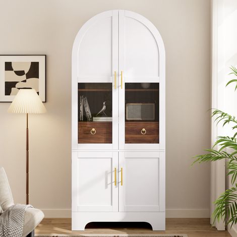 Hohe LED-Vitrine 180 cm mit 4 Türen und Schublade, Front aus gehärtetem Glas, Weiß (1/5)