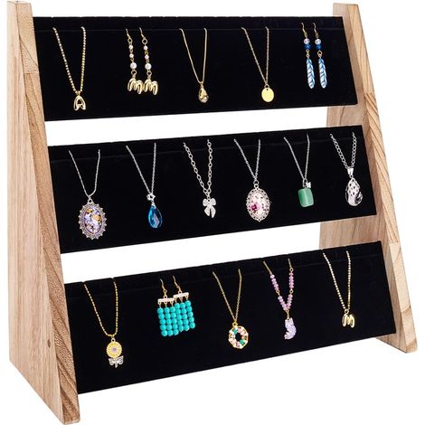 Soporte de madera de 3 niveles para collares/colgantes con forro de terciopelo, organizador grande para collares para el hogar, sala de estar o tienda. (1/5)