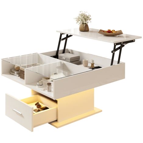 Tavolino multifunzionale lucido con sollevamento, illuminazione a LED, altezza regolabile e vano contenitore flessibile: design moderno per soggiorni, uffici e piccoli appartamenti. (1/5)