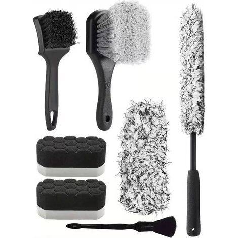 7 PCS Lot de Brosse Nettoyage Voiture, Brosse à Jante en Microfibre, Brosses pour Roues et Pneus, Pinceau Detailing Double-Embout, Éponges de Polissage (1/5)
