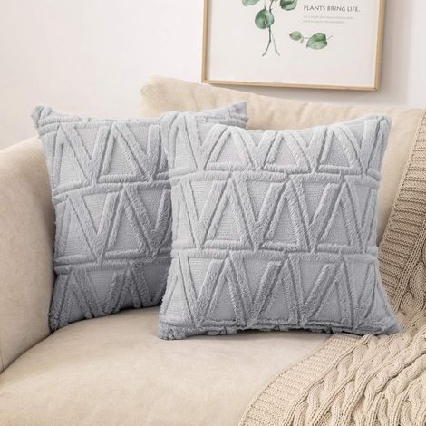 Lot De 2 Housses De Coussins Tissu Laine Artificielle Et Polyester Motif Triangle Moderne Doux Lisse Confortable Taie D'oreiller À Salon Chambre Canapé 45x45cm Gris Clair