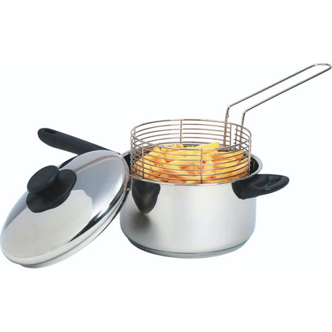 KitchenCraft Padella per patatine fritte grande con cestello e coperchio 20 cm, sicura per induzione, acciaio inox, argento (1/5)