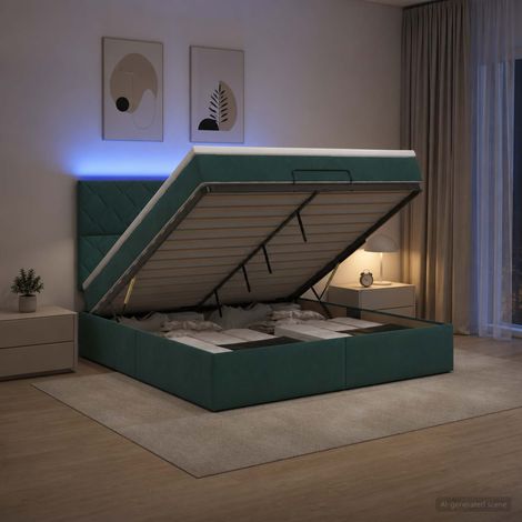 vidaXL Lit coffre avec matelas et LED Vert foncé 140 x 190 cm Velours (1/5)