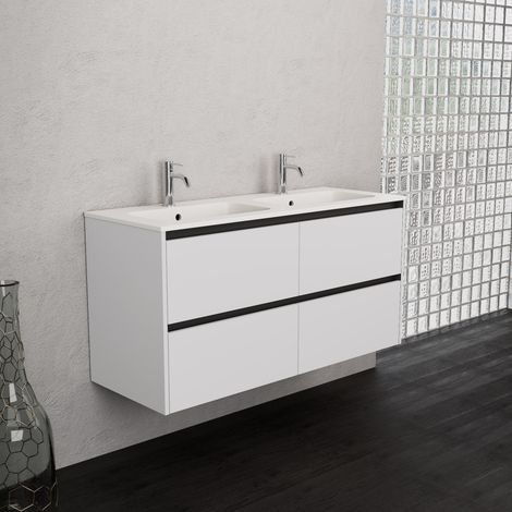Inda - Badezimmerschrank 4 Schubladen B.120 mit Doppelwaschbecken Matt/Hochglanzweiß - Smeraldo (1/5)