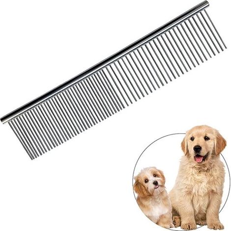 Pettine districante, pettine per cani e gatti, pettine a doppia dentatura con denti aperti, pettine districante 19 × 3,4 cm, acciaio inox argento (1/5)