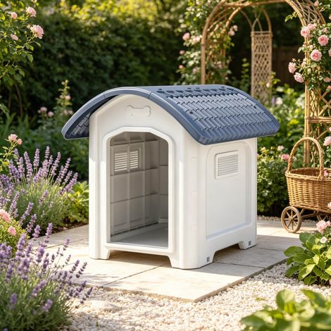 Outdoor-Hundehütte 71 x 60 x 63 cm aus PP, Weiß/Dunkelgrau, wasserdichtes Dach – MEUBLIV (1/5)