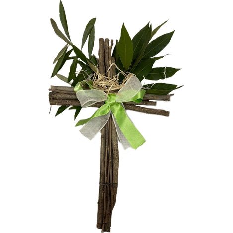 Croce in legno con ulivo alloro da benedire la domenica delle palme resurrezione gesu' decorazioni artigianale pasqua (1/4)