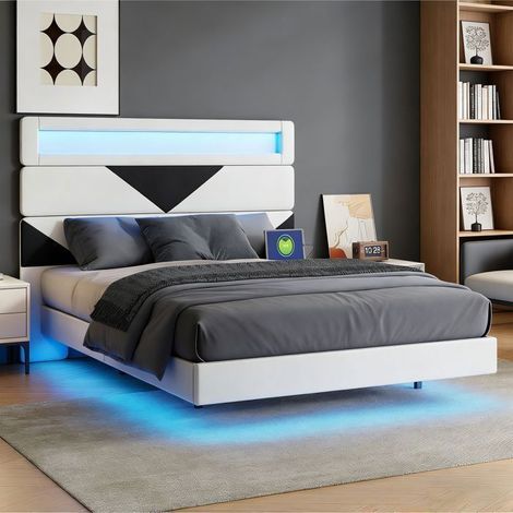 Letto matrimoniale - Letto flottante 160x200 - Velluto multicolore - LED integrata e multipresa USB/Type-C - Rete inclusa