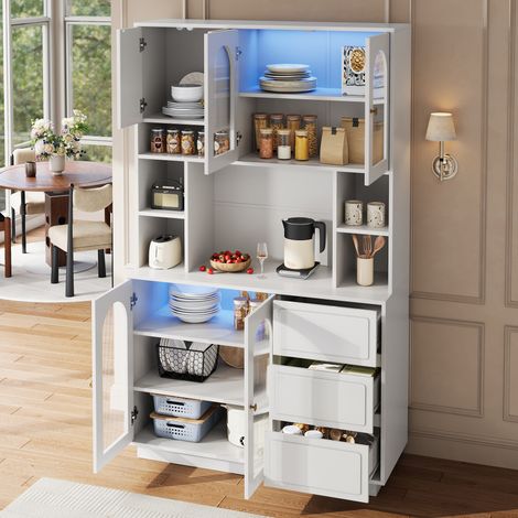 Buffet haut vaisselier meuble bar 106x30x175 cm avec portes cintrées en acrylique, niches ouvertes, LED multicolore contrôlée par APP, blanc (1/5)
