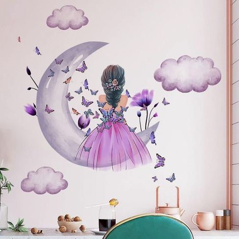 Stickers muraux Papillon Fille, Sticker mural Fée des Fleurs et des Nuages de Lune, Fresque murale florale rose, Décoration murale Papillons Colorés, Décoration murale en vinyle amovible à faire soi-m (1/5)