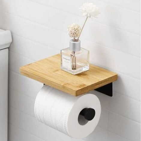 Porte Papier Toilette Noir Adhésif avec Etagère Bambou Porte Rouleau Porte, XU,Papier Toilette Mural sans perçage en Acier Inoxydable SUS304, BPH220BADM-BK - (1/4)