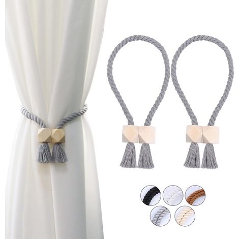 2 - Embrasse Rideau - Attache Rideau - Maintien Magnétique Robuste et Design Tissé Main en Coton avec Perles Bois pour Salon Chambre Gris 54cm (1/5)