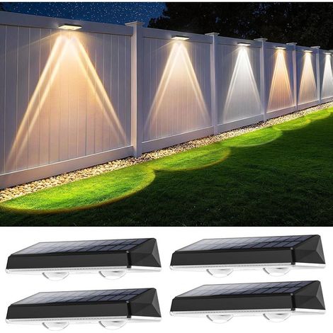 Lot de 4 appliques solaires murales d'extérieur, étanches IP65, blanches, avec 3 modes d'éclairage, lampe solaire d'extérieur puissante, idéale pour terrasse, jardin et clôture. (1/5)