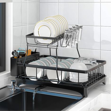 Black 2 Tier Dish Drainer for Kitchen Counter Sink Racks Storage with Cup Holder and Utensils Holder, Large Capacity Dish Drainer with Automatic Draining (1/5)