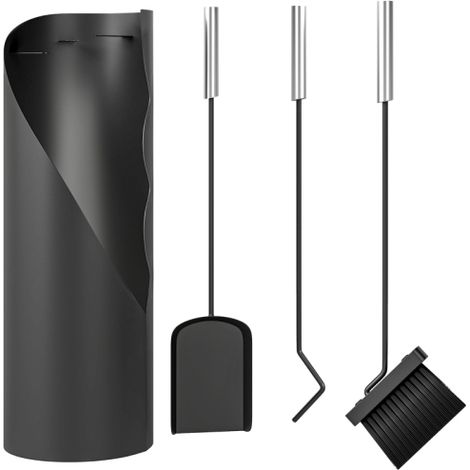 Ensemble d'outils cheminée 4 pièces, balayette, pelle, tisonnier et panier, pour foyer et poêle - Métal noir (1/5)