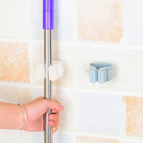 Lot de 3 pinces à balai sans joint, sans perçage, crochet porte-balai, porte-cartes, étagère murale de salle de bain robuste et sans joint, en forme de T, blanc nordique (1/4)