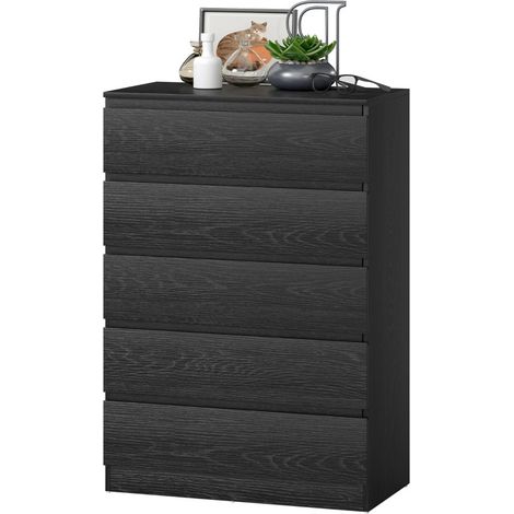 Commode Alval 5 tiroirs moderne chiffonnier rangement noir veiné (1/5)