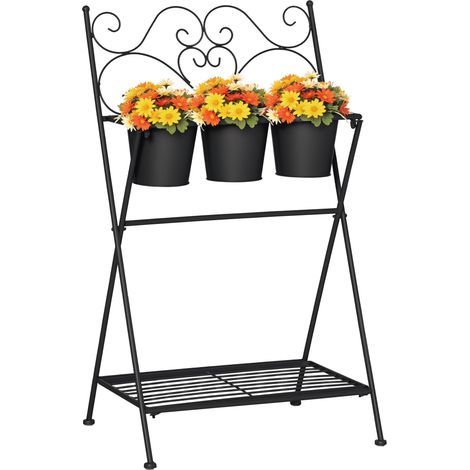 Klappbarer Metall-Pflanzenständer mit 3 Töpfen und unterem Regal für Haus und Garten, 47 x 37 x 78,5 cm, schwarz (1/5)