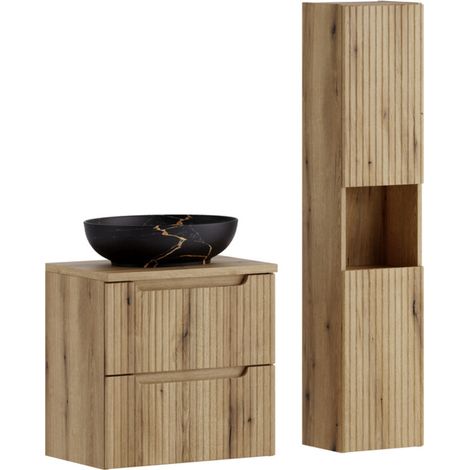 Furnidea - Ensemble meuble suspendu avec vasque Mona 60 cm et colonne 30 x 140 cm NOVA chêne Coast Evoke (1/5)