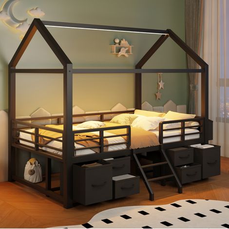Lit mezzanine 90x200 cm noir en métal et MDF avec toit maisonnette, éclairage LED et tiroirs en tissu (1/5)