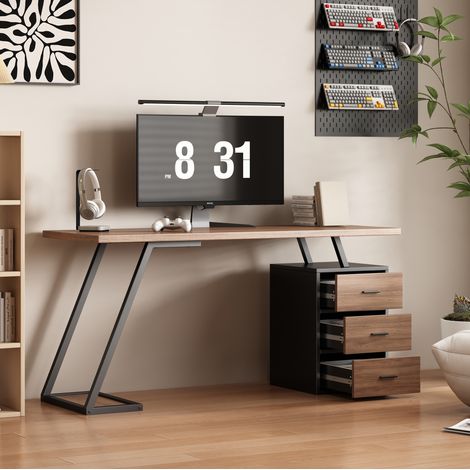 Bureau industriel 138,5 cm en MDF brun foncé avec 3 tiroirs et rangement (1/5)