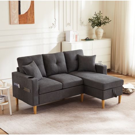 Canapé d’angle L 175/129/90 cm gris foncé, avec méridienne réversible, rangement et porte-gobelets (1/5)