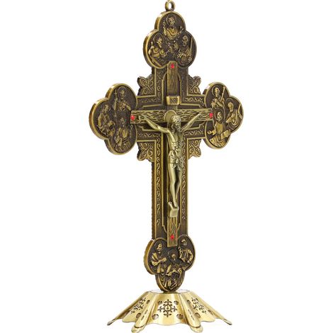 Croix en métal couleur bronze incrustée de diamants rouges, décoration murale, croix avec socle, décoration de bureau, cadeau de décoration pour église INRI. (1/5)