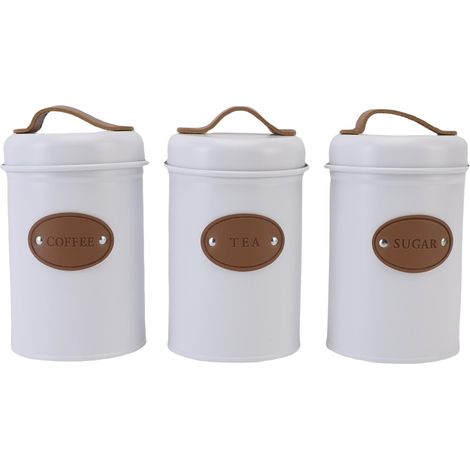 Lot de 3 Boîtes Hermétiques Fer Fer PU Beige 15,5x10,4cm Rangement Café Thé Sucre Cuisine Design Élégant avec Poignées et Étiquettes (1/5)
