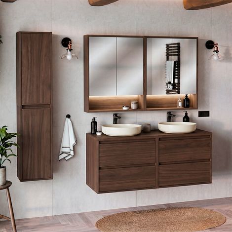 Doppelwaschbecken-Waschtischset 120cm Hochschrank und Spiegelschränke Edmé Dunkles Holz (1/5)