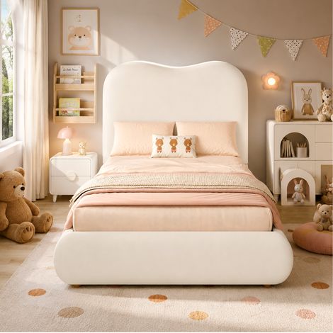 Cama baúl infantil 90x200 cm de terciopelo con somier de láminas, beige DESVIAE (1/5)