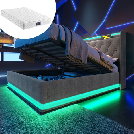 Doppelbett 140x200 cm aus grauem Leinen mit LED und Stauraum, ohne Matratze – MEUBLIV (1/5)