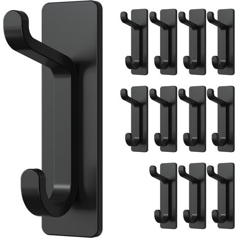 Black adhesive wall hooks, towel and coat hooks, no drilling required, waterproof, pack of 12 (1/5)