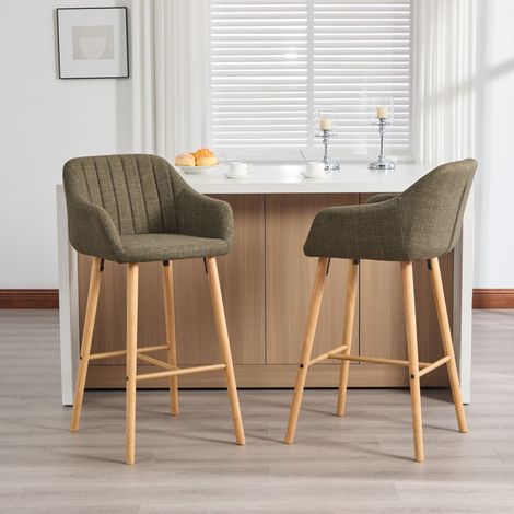 Lot de 2 tabourets de bar style européen avec dossier haut et accoudoirs, assise en lin et pieds en bois, pour cuisine, îlot central ou salle à manger