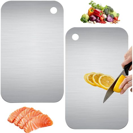 Lot de 2 planches à découper double face en acier inoxydable titane pour viande, pain et légumes (15 x 25 cm) (1/5)