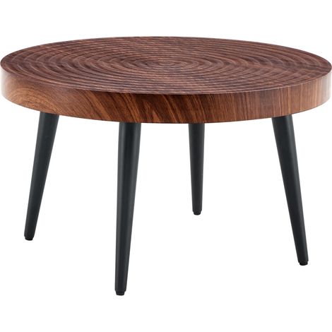 Table basse ronde en bois foncé avec plateau massif de 5 cm et pieds en métal noir, diamètre 60 cm (1/5)