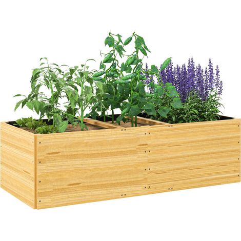 Jardinière extérieur. carré potager en bois. 3 compartiments de plantation et doublure inclus. 140x60x40cm. naturel (1/5)