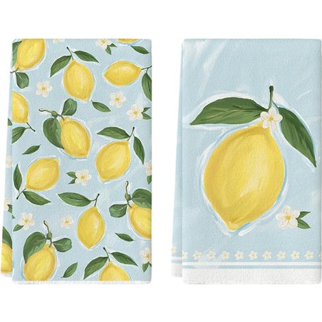 Serviettes de cuisine et torchons à vaisselle fleurs citron aquarelle d'été, 42x65 cm Décoration saisonnière de printemps, lot de 2 (1/5)