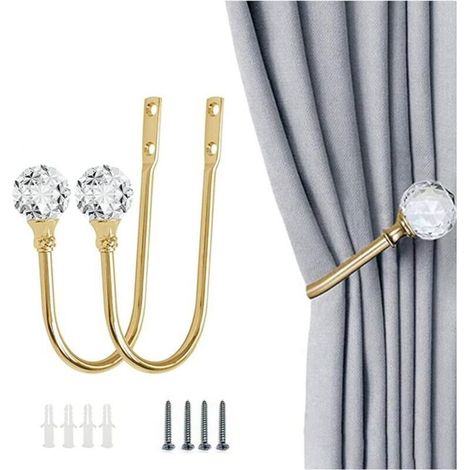 Kristall-Raffhalter für Gardinen (2 Stück) – Elegante und moderne Wandhalterung aus goldfarbenem Metall, inklusive Schrauben (1/4)