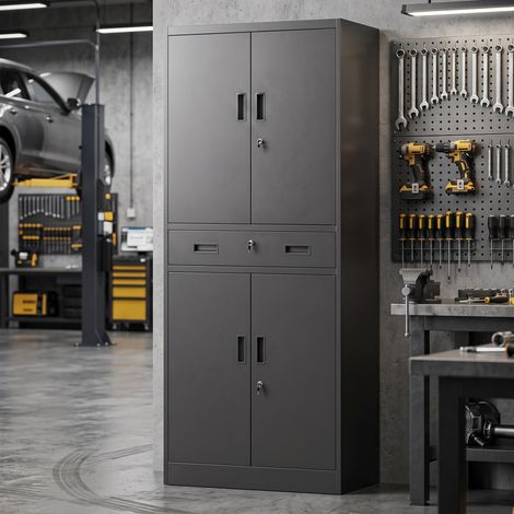 Armoire métallique 180 cm, armoire à outils avec portes verrouillables, tiroir et étagères réglables, noire (1/5)