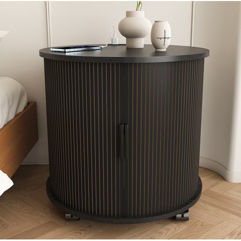 Beistelltisch 60x60x60 cm, Ladestation mit Steckdose und 2 USB Anschlüssen, Schiebetür, MDF, schwarz (1/5)