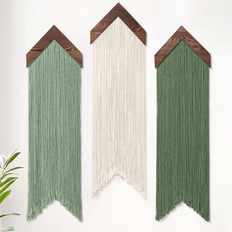 3 Pièces Tenture Murale Tapisseries Décoratives Macramé Mural Tissée à la Main Art Murale Beige Vert en Corde de Coton Naturel Bohème Chic Décoration Pour Chambre à Coucher Salon Appartement (1/5)