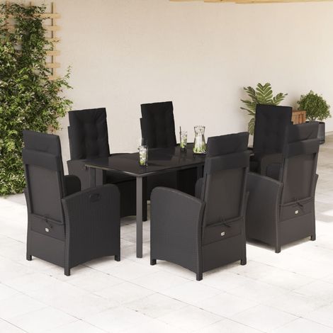 Salon de jardin 7 pièces avec 6 fauteuils inclinables, résine tressée noire et table en verre, 81.95kg - PANGIVO (1/5)